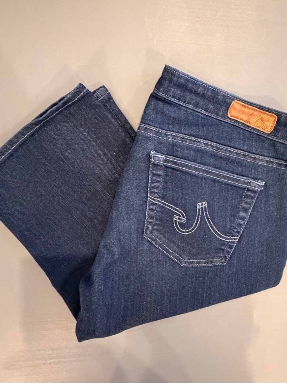 🩷2 for 40- AG Adriano Goldschmied Dark Blue Bootcut Jeans with Leather Patch